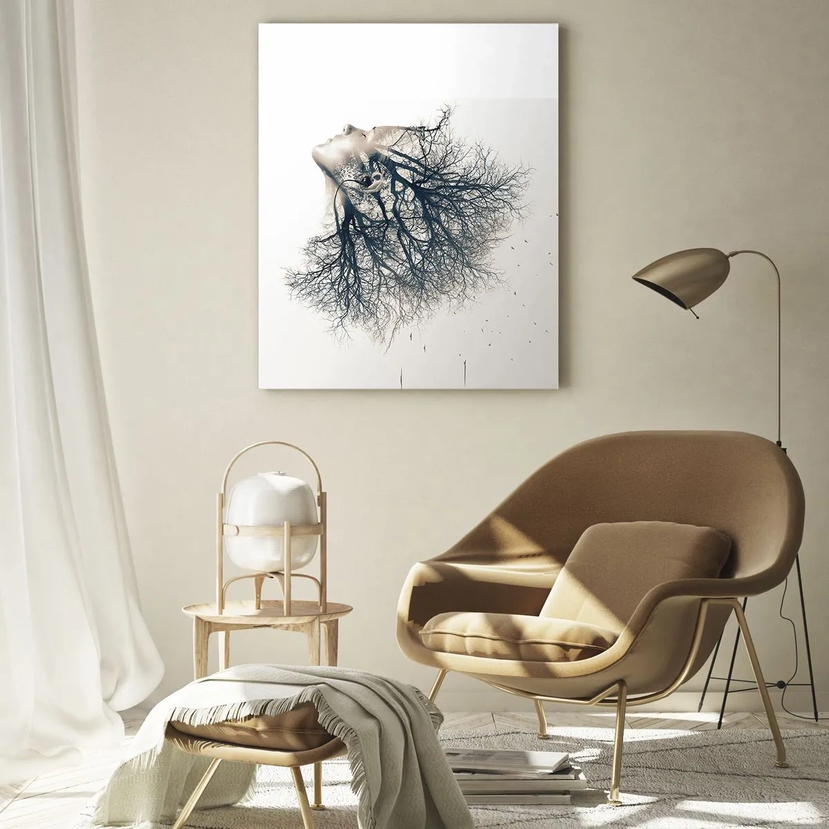 Glasbild - Bild auf glas - Kreative Silhouette einer Frau und Bäume - 70x100cm - Dem Rauschen der Bäume lauschen - Moderne Wanddekoration für Wohnzimmer und Schlafzimmer ARTTOR