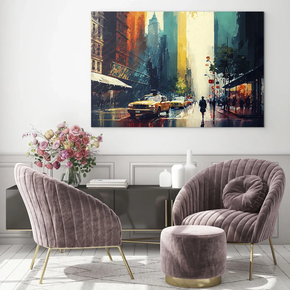 Glasbild - Bild auf glas - Bunte Taxis und Wolkenkratzer auf einer nassen Stadtstraße - 70x50cm - New York – selbst der Regen ist hier bunt - Moderne Wanddekoration für Wohnzimmer und Schlafzimmer ARTTOR