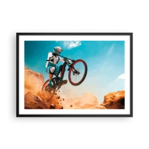 Poster in einem schwarzem Rahmen - Ein Mountainbiker macht einen Sprung vor einer Felskulisse - 70x50cm - Fahrrad-Wahnsinn-Dämon - Moderne Wanddekoration für Wohnzimmer und Schlafzimmer ARTTOR