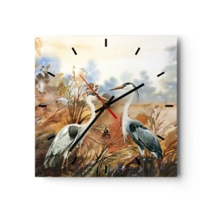 Wanduhr - Glasuhr - Zwei Reiher vor dem Hintergrund einer herbstlichen Landschaft - 30x30cm - Wohin im Herbst? - Moderne Wanddekoration für Wohnzimmer und Schlafzimmer ARTTOR