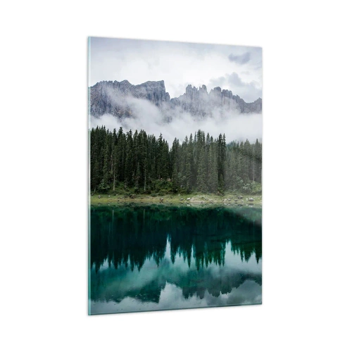 Glasbild - Bild auf glas - Berglandschaft mit See und Wald, die sich im Wasser spiegeln - 50x70cm - Leise, leise, lass uns das Trinkwasser nicht wecken ... - Moderne Wanddekoration für Wohnzimmer und Schlafzimmer ARTTOR