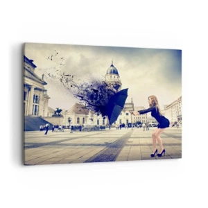 Bild auf Leinwand - Leinwandbild - Eine Frau mit Regenschirm in einer künstlerischen Komposition vor urbanem Hintergrund - 100x70cm - Es weht so ein Wind ... - Moderne Wanddekoration für Wohnzimmer und Schlafzimmer ARTTOR