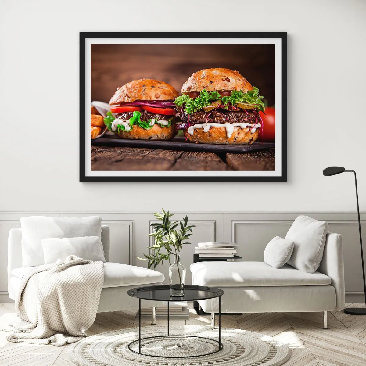 Poster in einem schwarzem Rahmen - Appetitliche Burger mit Gemüse und Sauce - 70x50cm - Amerikanischer Traum - Moderne Wanddekoration für Wohnzimmer und Schlafzimmer ARTTOR