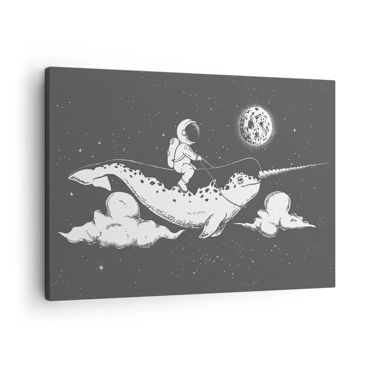 Bild auf Leinwand - Leinwandbild - Ein Astronaut auf dem Rücken eines Narwals, der in einer Weltraumszene schwimmt. - 70x50cm - Weltraumreiter - Moderne Wanddekoration für Wohnzimmer und Schlafzimmer ARTTOR