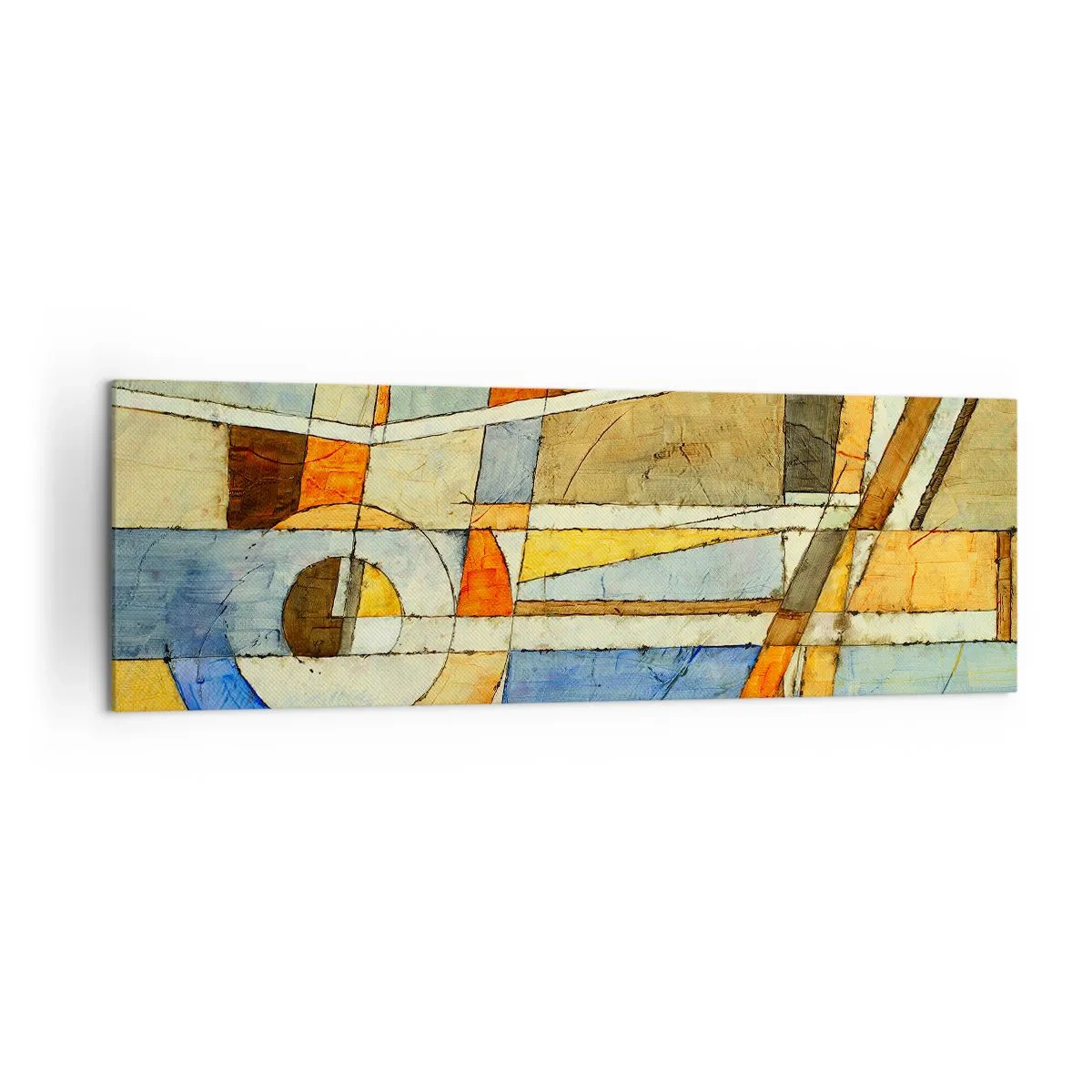Bild auf Leinwand - Leinwandbild - Geometrische Abstraktion in Beige-, Blau- und Orangetönen - 160x50cm - Kubismus auf der Baustelle - Moderne Wanddekoration für Wohnzimmer und Schlafzimmer ARTTOR