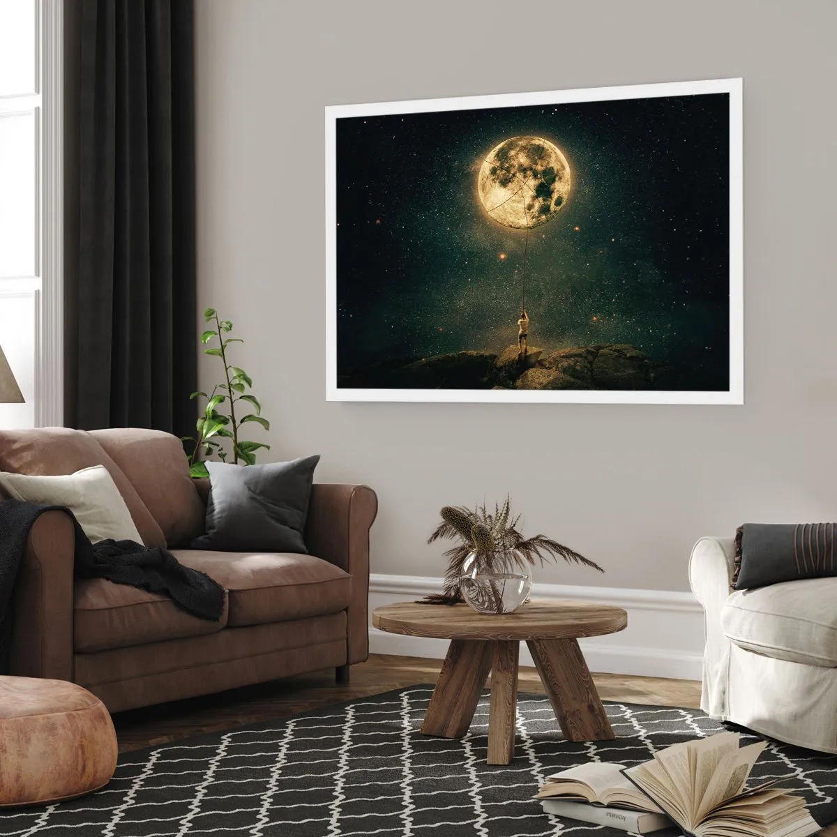 Poster - Mann mit dem Mond vor dem Sternenhimmel - 100x70cm - Der Mann, der den Mond gestohlen hat - Moderne Wanddekoration für Wohnzimmer und Schlafzimmer ARTTOR