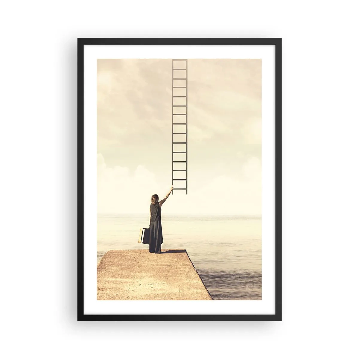 Poster in einem schwarzem Rahmen - Eine Frau auf einem Pier greift nach einer Leiter, die in den Himmel führt - 50x70cm - Eine magische Reise - Moderne Wanddekoration für Wohnzimmer und Schlafzimmer ARTTOR
