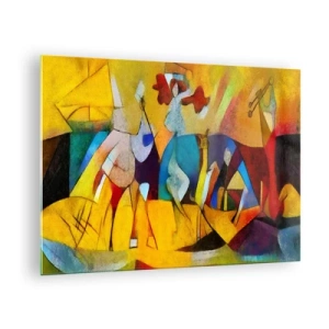 Glasbild - Bild auf glas - Farbenfrohe Abstraktion mit Figuren und geometrischen Formen - 70x50cm - Sonne - Leben - Freude - Moderne Wanddekoration für Wohnzimmer und Schlafzimmer ARTTOR