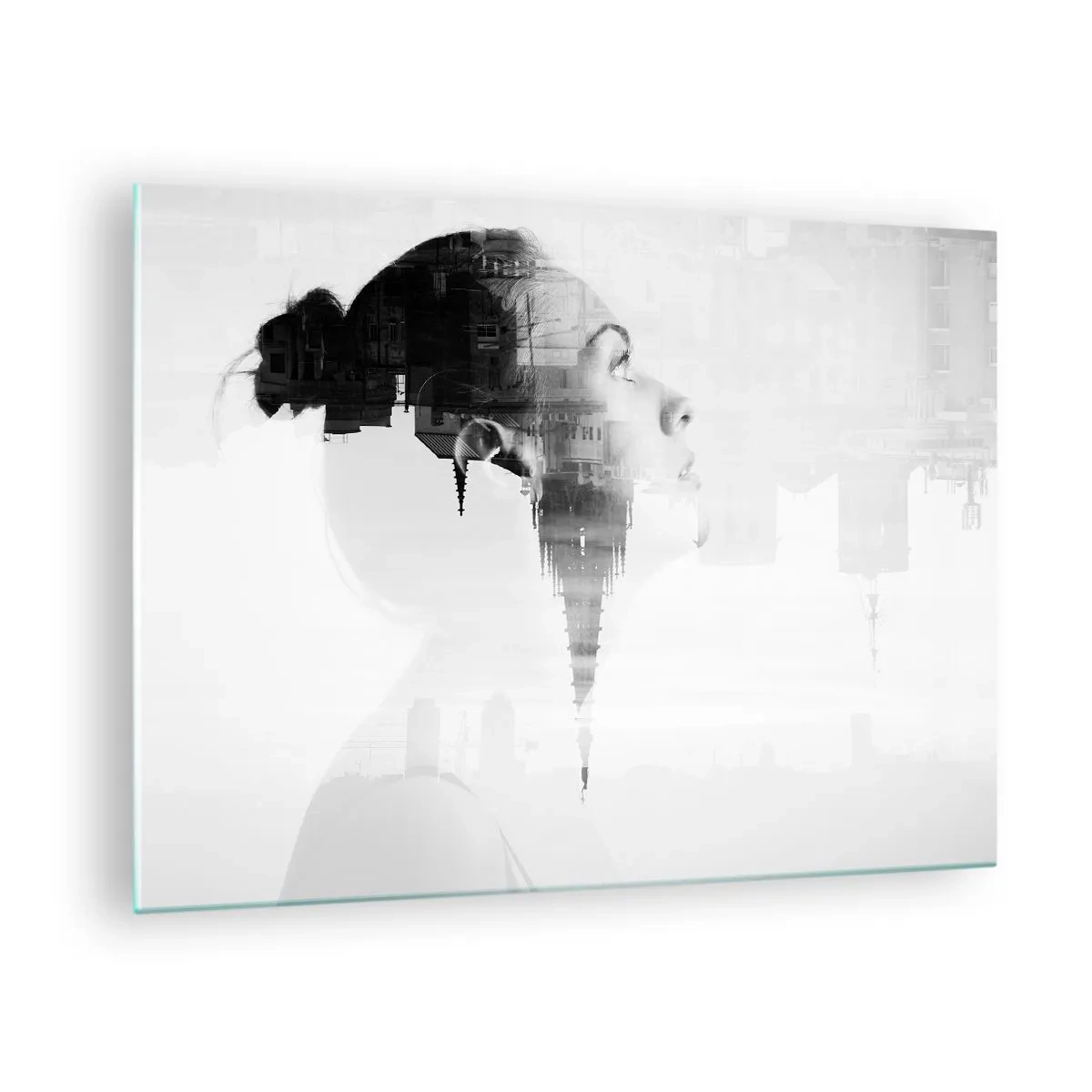 Glasbild - Bild auf glas - Silhouette einer Frau mit architektonischen Elementen im Hintergrund - 70x50cm - Auf beiden Seiten des Glases - Moderne Wanddekoration für Wohnzimmer und Schlafzimmer ARTTOR
