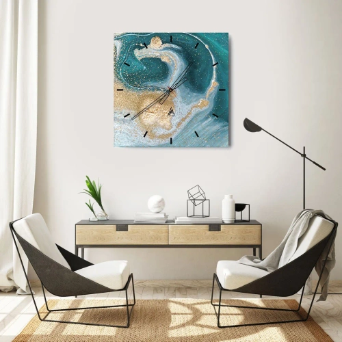 Wanduhr - Glasuhr - Ein Strudel aus Gold und Türkis - 30x30 cm