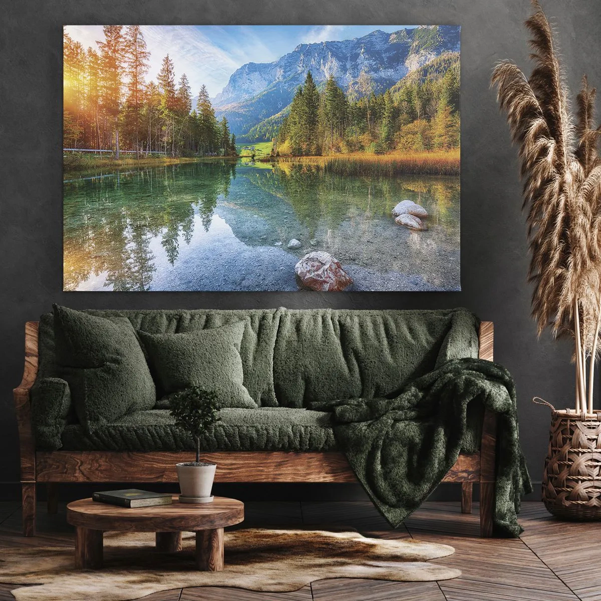 Bild auf Leinwand - Leinwandbild - Ein malerischer See, umgeben von Bergen und Wäldern - 70x50cm - Die Sanftheit des Herbstes - Moderne Wanddekoration für Wohnzimmer und Schlafzimmer ARTTOR