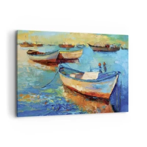 Bild auf Leinwand - Leinwandbild - Bunte Boote vertäut auf ruhigem Wasser - 120x80cm - In der südlichen Bucht - Moderne Wanddekoration für Wohnzimmer und Schlafzimmer ARTTOR