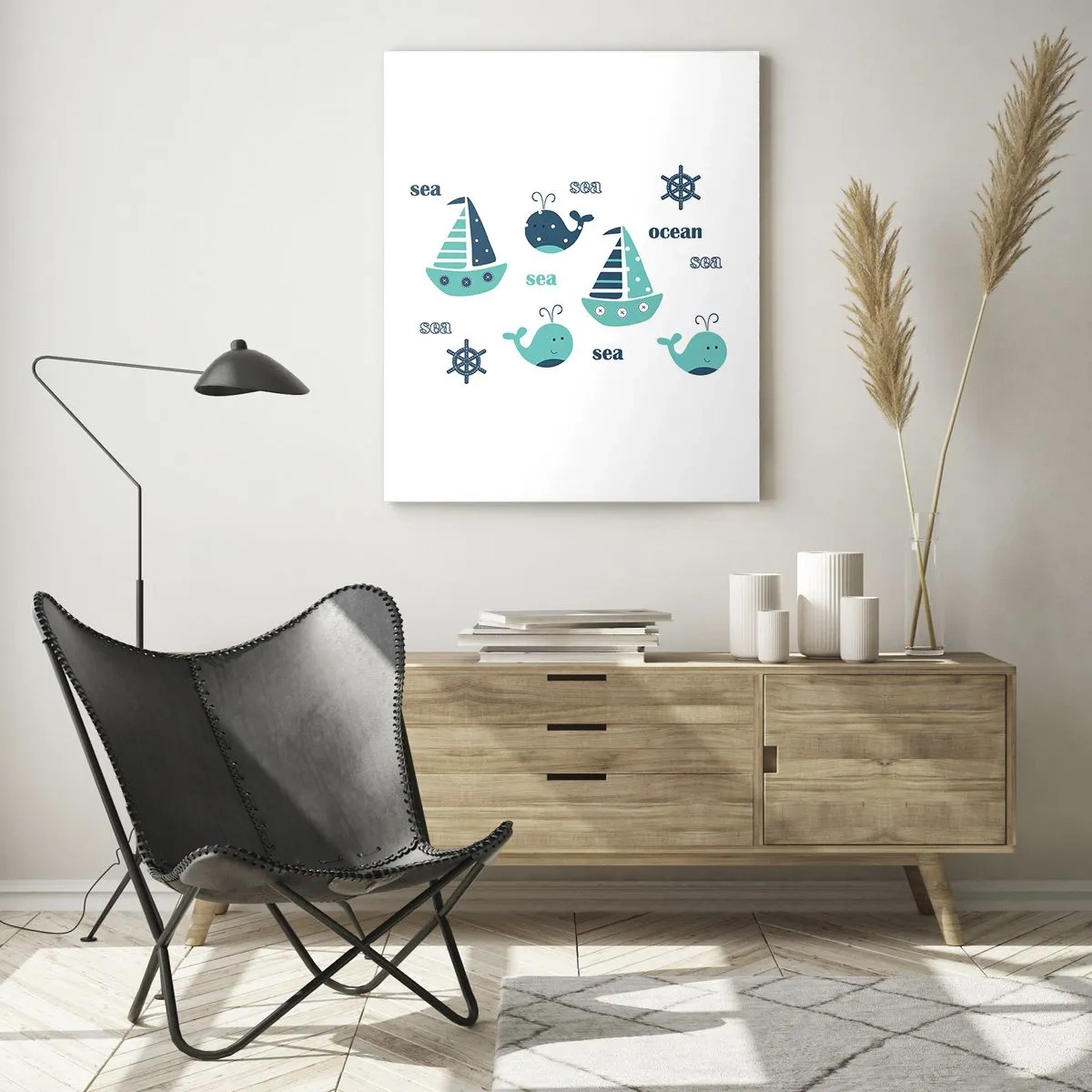 Glasbild - Bild auf glas - Nautisches Thema mit Segelbooten und Walen - 50x70cm - Über die Meere und Ozeane - Moderne Wanddekoration für Wohnzimmer und Schlafzimmer ARTTOR