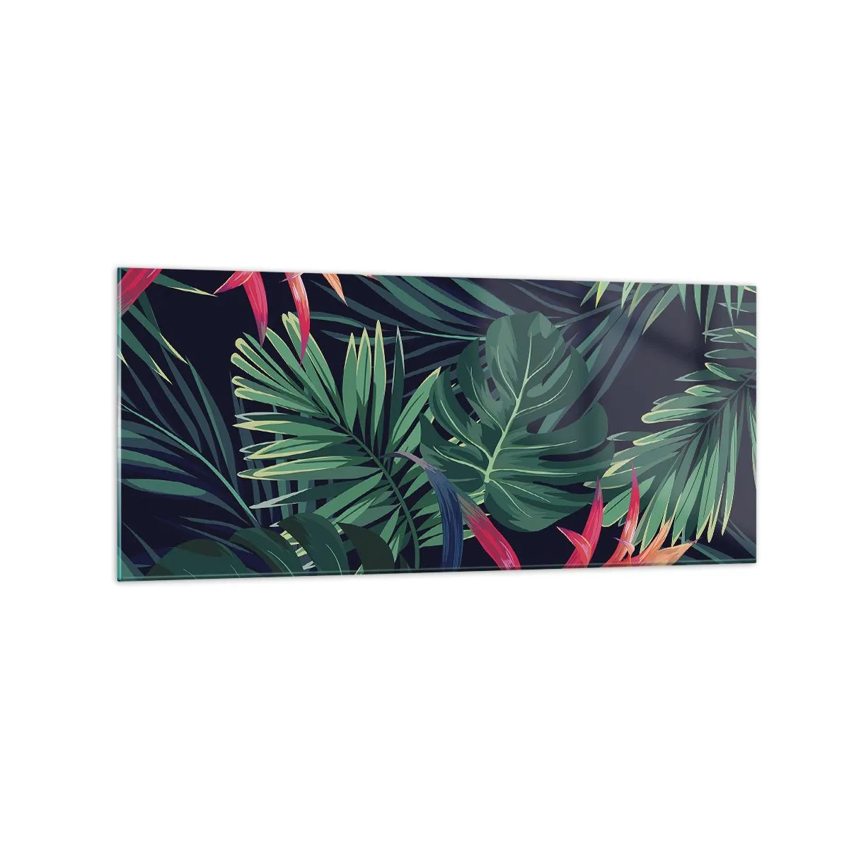 Glasbild - Bild auf glas - Tropische Blätter und Blüten auf dunklem Hintergrund - 120x50cm - Im Grünen in Flammen gehen - Moderne Wanddekoration für Wohnzimmer und Schlafzimmer ARTTOR