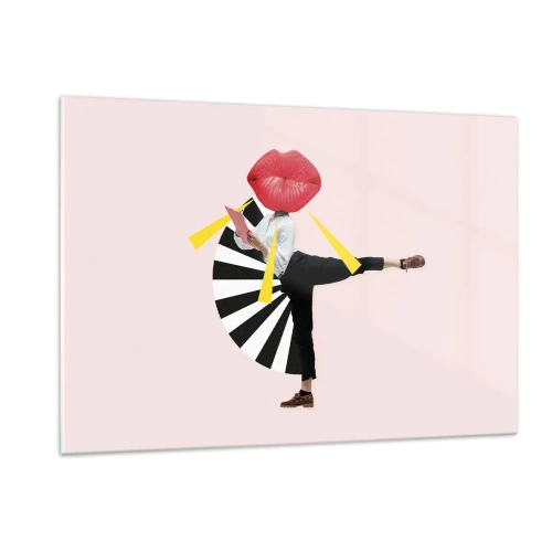 Glasbild - Bild auf glas - Eine surreale Pop-Art-Komposition mit einer Figur mit großem Mund vor einem rosa Hintergrund. - 120x80cm - Surreale Pop-Art - Moderne Wanddekoration für Wohnzimmer und Schlafzimmer ARTTOR
