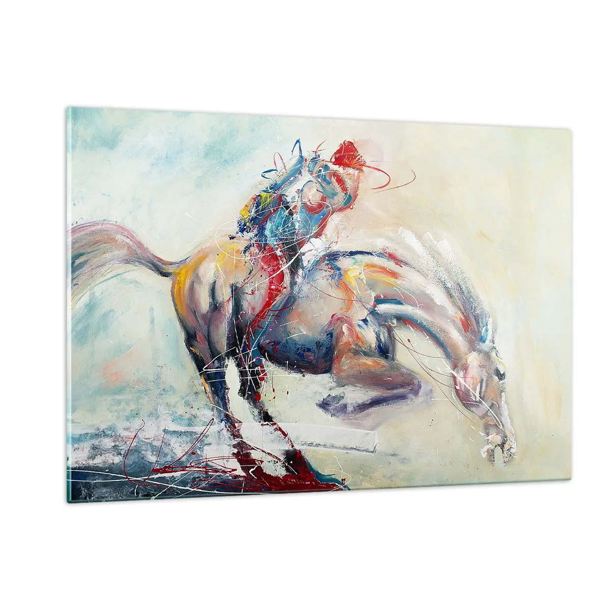 Glasbild - Bild auf glas - Ein abstraktes Bild eines Pferdes in dynamischer Bewegung. - 120x80cm - Warte, wir gehen - Moderne Wanddekoration für Wohnzimmer und Schlafzimmer ARTTOR