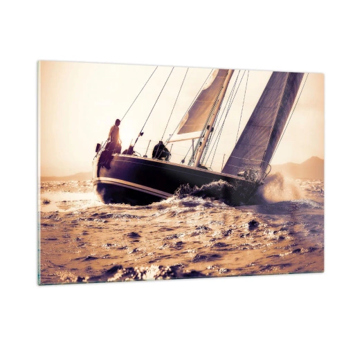 Glasbild - Bild auf glas - Ein Segelboot auf stürmischer See in warmen Farbtönen - 120x80cm - Segle, Seemann - Moderne Wanddekoration für Wohnzimmer und Schlafzimmer ARTTOR