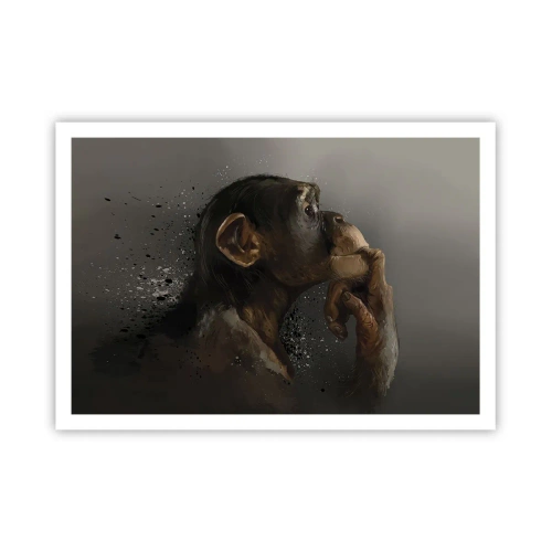 Poster - Porträt eines Affen in nachdenklicher Pose vor grauem Hintergrund - 100x70cm - Sicherlich ein Denker - Moderne Wanddekoration für Wohnzimmer und Schlafzimmer ARTTOR