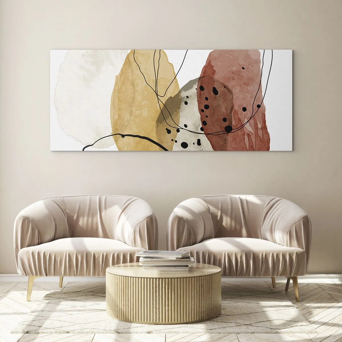Glasbild - Bild auf glas - Abstrakte Flecken in Beige-, Gelb- und Rottönen - 140x50cm - Wie leichte, transparente Luft - Moderne Wanddekoration für Wohnzimmer und Schlafzimmer ARTTOR