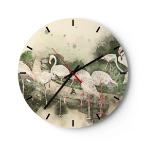 Wanduhr - Glasuhr - Ein Schwarm Flamingos in einer friedlichen, tropischen Umgebung - 30x30cm - Exotischer Traum - Moderne Wanddekoration für Wohnzimmer, Küche und Schlafzimmer ARTTOR