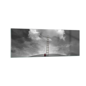 Glasbild - Bild auf glas - Eine Person in einem roten Mantel und eine Leiter, die zu einer Wolke führt - 140x50cm - Alles ist möglich - Moderne Wanddekoration für Wohnzimmer und Schlafzimmer ARTTOR