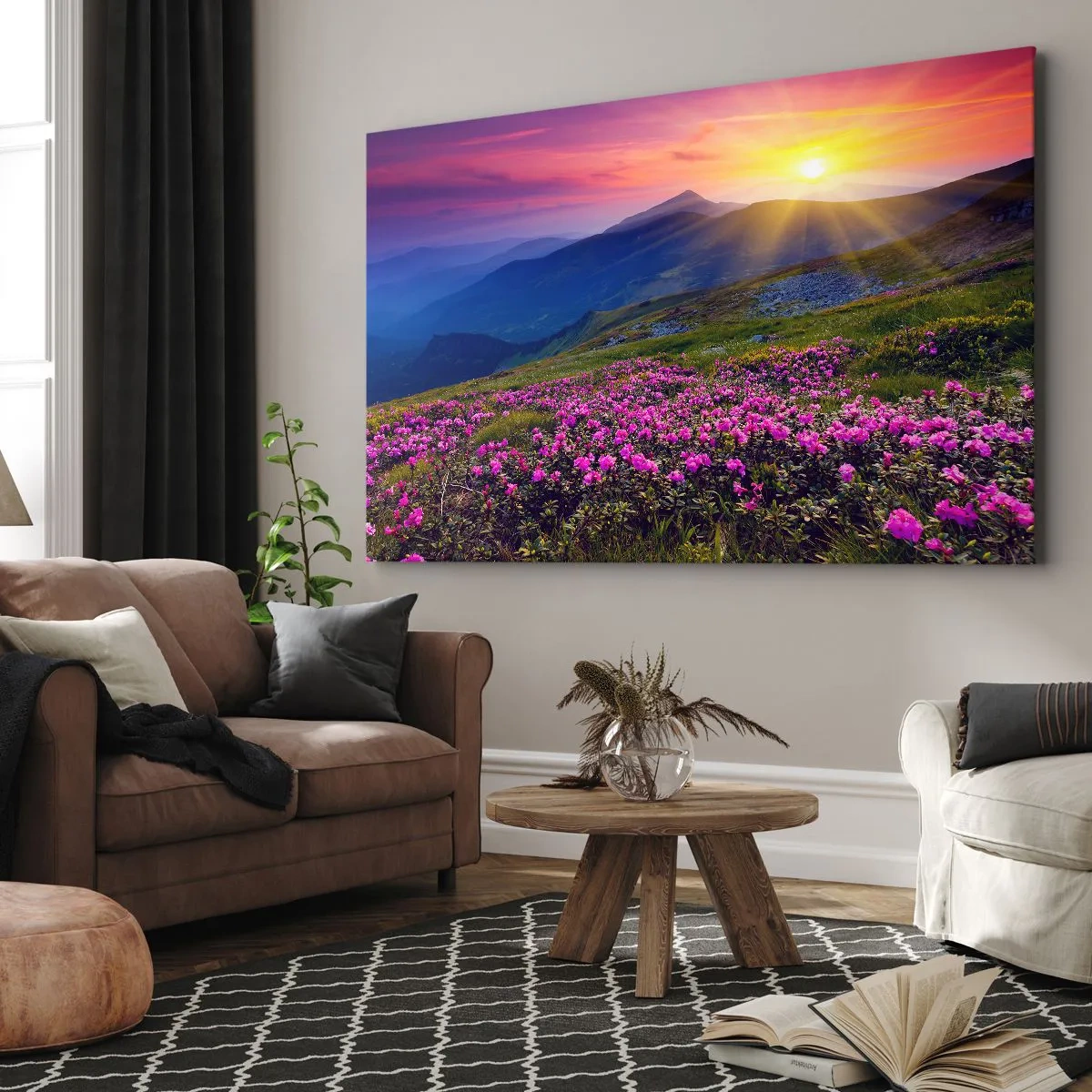 Bild auf Leinwand - Leinwandbild - Eine blühende Wiese mit Blick auf die Berge bei Sonnenuntergang - 100x70cm - … Und drumherum duftet es nach Latschenkiefer und dem Duft von Kräutern - Moderne Wanddekoration für Wohnzimmer und Schlafzimmer ARTTOR
