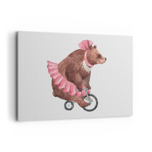 Bild auf Leinwand - Leinwandbild - Ein Teddybär im rosa Rock auf einem Fahrrad im Retro-Stil - 100x70cm - Was für ein Affentheater! - Moderne Wanddekoration für Wohnzimmer und Schlafzimmer ARTTOR