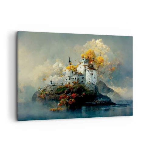 Bild auf Leinwand - Leinwandbild - Ein Schloss auf einem Hügel, umgeben von herbstlichen Bäumen - 100x70cm - Beginn einer romantischen Geschichte - Moderne Wanddekoration für Wohnzimmer und Schlafzimmer ARTTOR