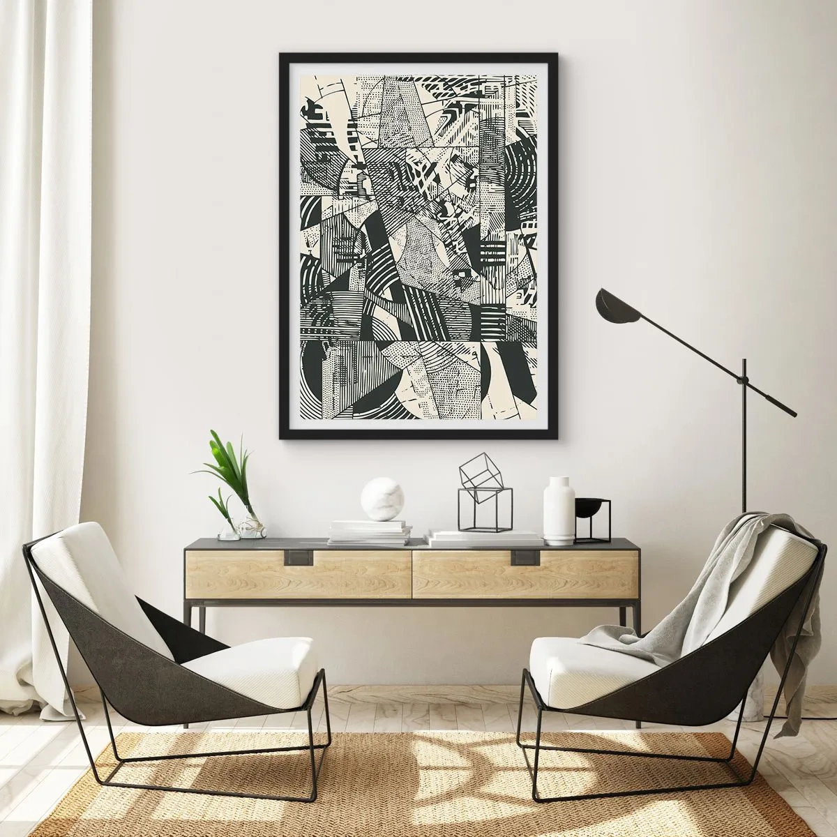 Poster in einem schwarzem Rahmen - Schwarz-weiße abstrakte geometrische Muster - 50x70cm - Die Dynamik der Gegenwart - Moderne Wanddekoration für Wohnzimmer und Schlafzimmer ARTTOR