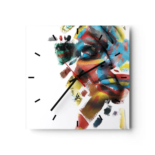 Wanduhr - Glasuhr - Abstraktes Porträt in lebendigen Farben - 30x30cm - Eine bunte Persönlichkeit - Moderne Wanddekoration für Wohnzimmer und Schlafzimmer ARTTOR