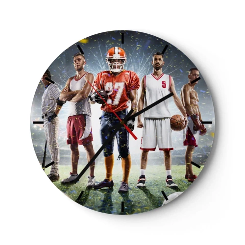 Wanduhr - Glasuhr - Eine Gruppe von Sportlern vor der Kulisse eines von Flutlicht beleuchteten Stadions - 30x30cm - Feldgladiatoren - Moderne Wanddekoration für Wohnzimmer, Küche und Schlafzimmer ARTTOR