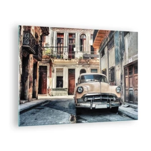 Glasbild - Bild auf glas - Retro-Auto auf der Straße der Altstadt - 70x50cm - Die Siesta in Havanna - Moderne Wanddekoration für Wohnzimmer und Schlafzimmer ARTTOR