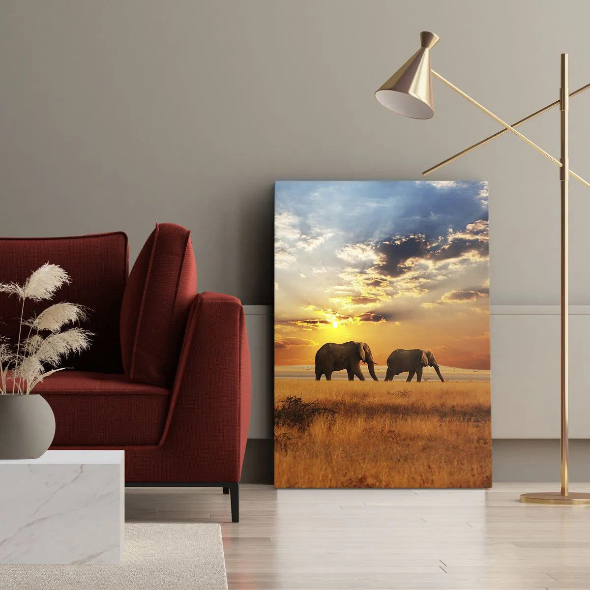 Bild auf Leinwand - Leinwandbild - Elefanten in der Savanne bei Sonnenuntergang - 80x120cm - Familienspaziergang - Moderne Wanddekoration für Wohnzimmer und Schlafzimmer ARTTOR