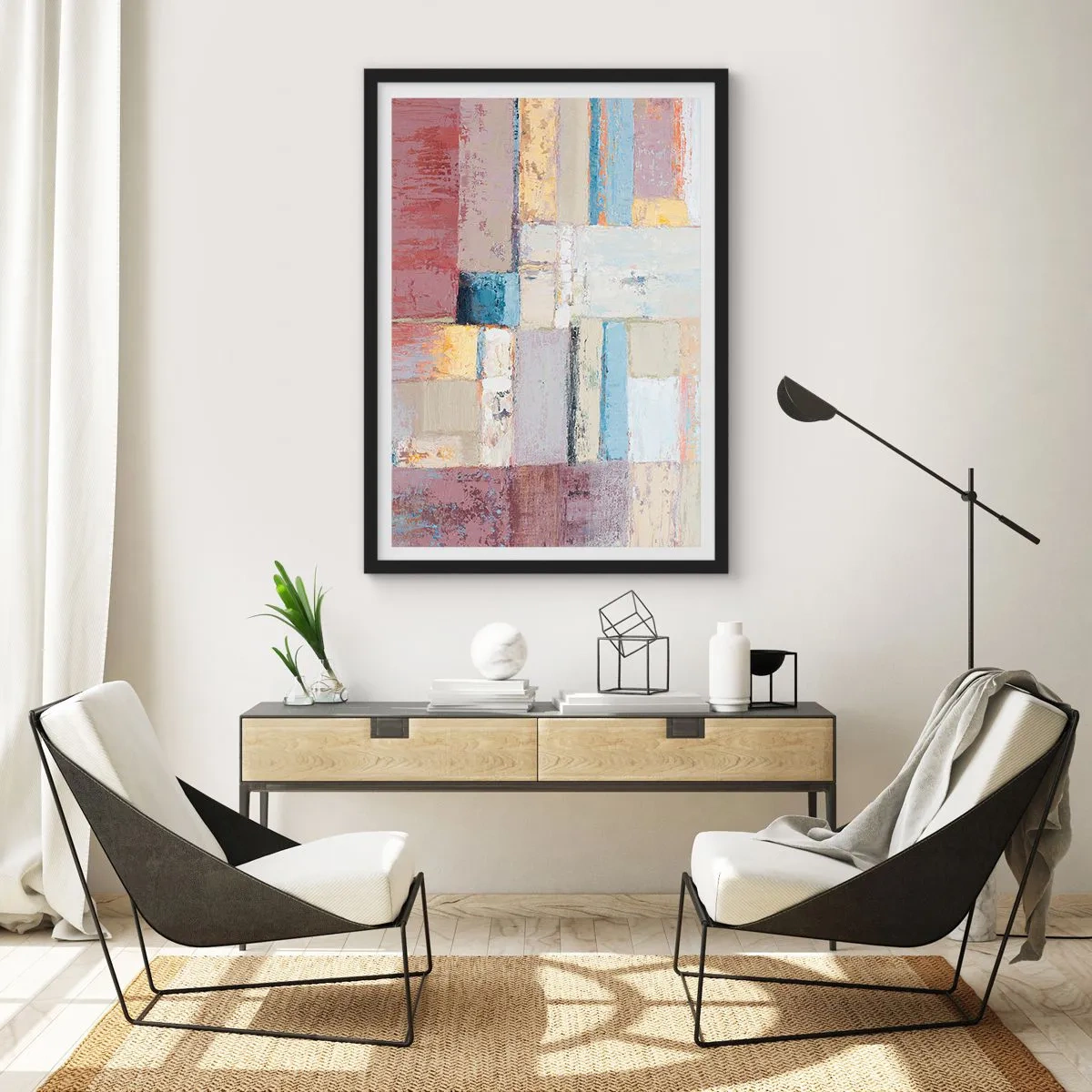 Poster in einem schwarzem Rahmen - Abstrakte geometrische Komposition in Pastellfarben - 50x70cm - Ruhe der Geometrie - Moderne Wanddekoration für Wohnzimmer und Schlafzimmer ARTTOR