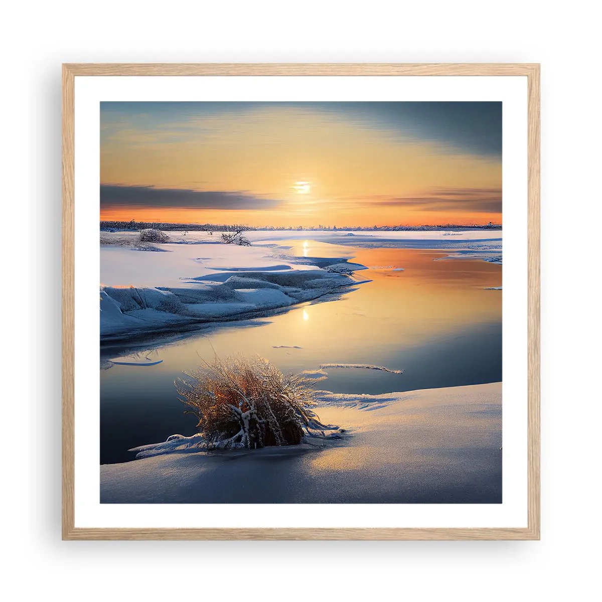 Poster in einem Rahmen aus heller Eiche - Wintersonnenuntergang - 60x60 cm