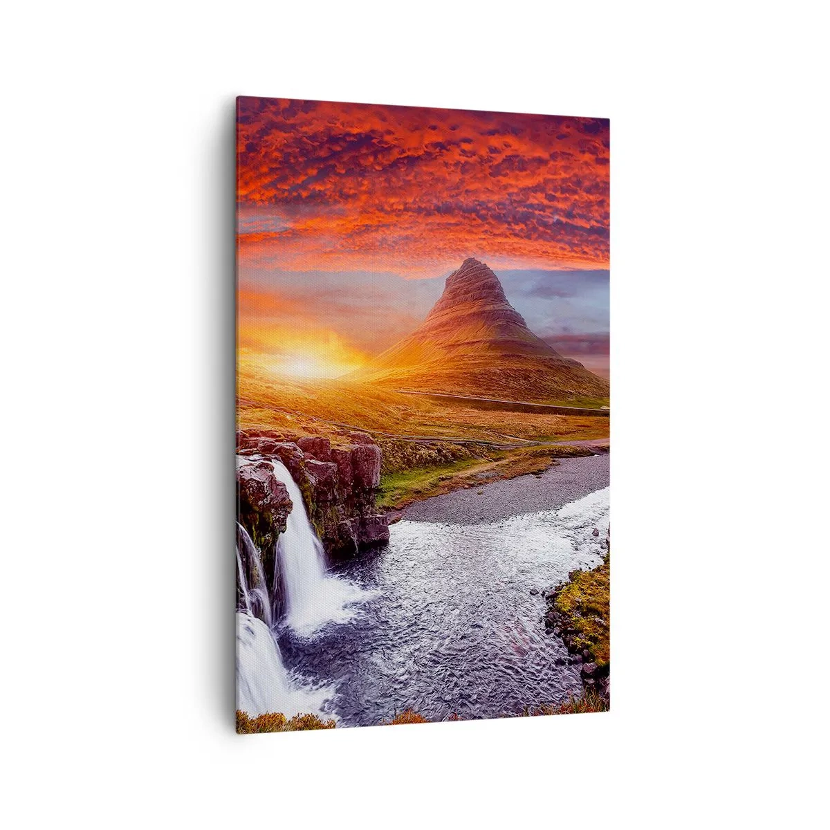 Bild auf Leinwand - Leinwandbild - Berglandschaft mit Wasserfall bei Sonnenuntergang - 80x120cm - Ein Blick auf Mittelerde - Moderne Wanddekoration für Wohnzimmer und Schlafzimmer ARTTOR
