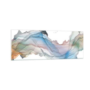 Glasbild - Bild auf glas - Eine subtile Landschaft mit Bergen, Wasser und einem Boot - 140x50cm - Zu den Kristallbergen - Moderne Wanddekoration für Wohnzimmer und Schlafzimmer ARTTOR