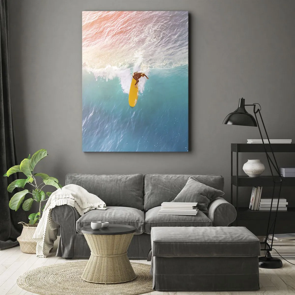 Bild auf Leinwand - Leinwandbild - Surfer auf einer Welle in Pastellfarben - 70x100cm - Der Ozeanreiter - Moderne Wanddekoration für Wohnzimmer und Schlafzimmer ARTTOR