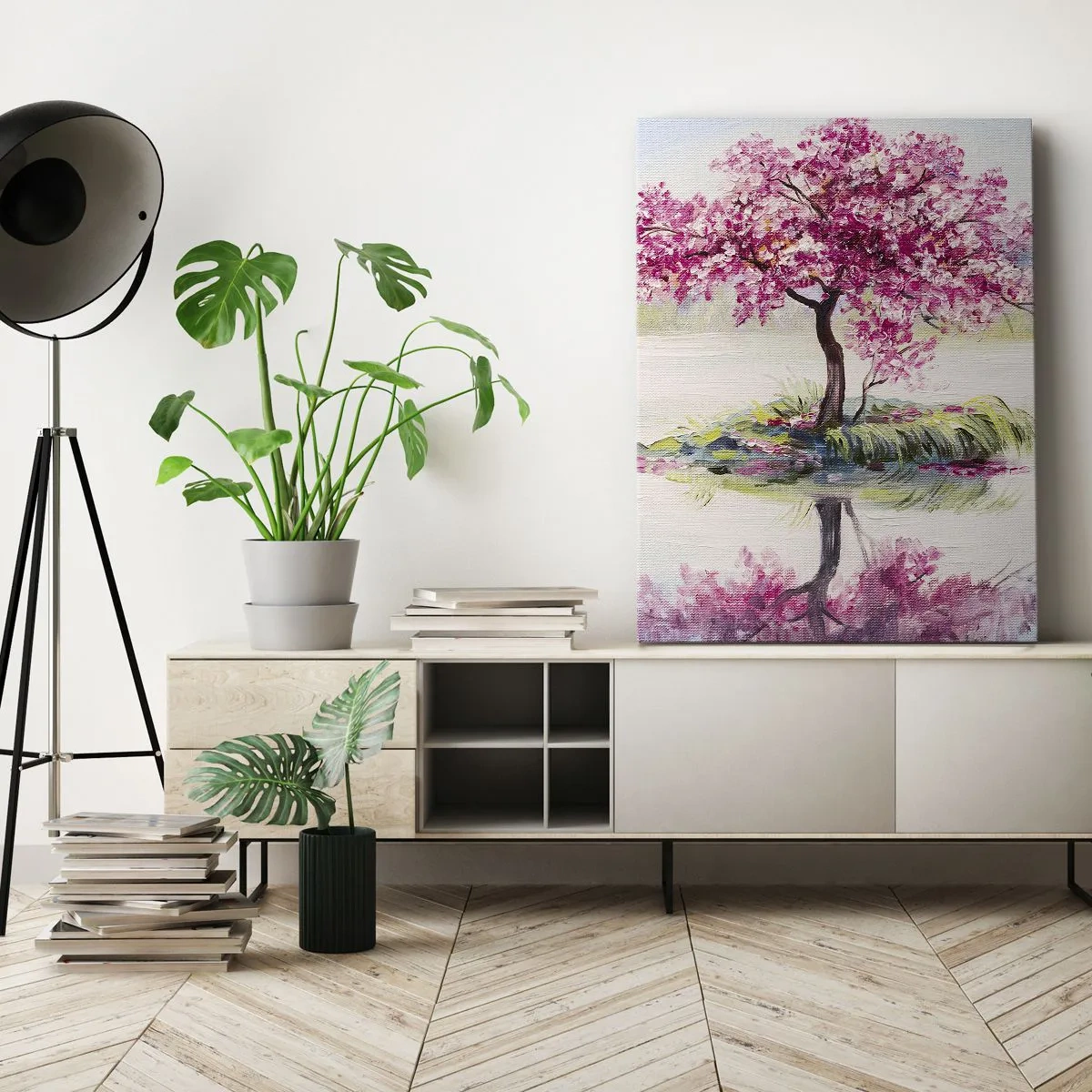 Bild auf Leinwand - Leinwandbild - Ein blühender Baum auf stillem Wasser - 50x70cm - Der Ritus des Frühlings - Moderne Wanddekoration für Wohnzimmer und Schlafzimmer ARTTOR