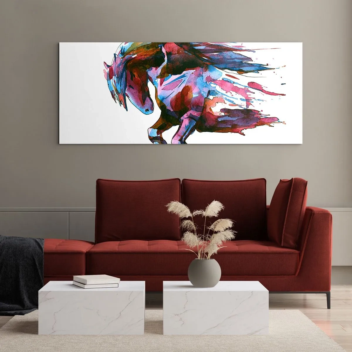 Glasbild - Bild auf glas - Ein Pferd in dynamischen abstrakten Farben symbolisiert Freiheit - 140x50cm - In Verzückung - Moderne Wanddekoration für Wohnzimmer und Schlafzimmer ARTTOR
