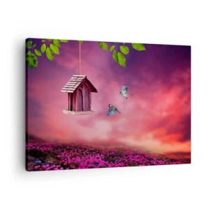 Bild auf Leinwand - Leinwandbild - Eine malerische Landschaft mit einem Vogelhaus und einem Sonnenuntergang - 70x50cm - Einladung zum Abendessen - Moderne Wanddekoration für Wohnzimmer und Schlafzimmer ARTTOR