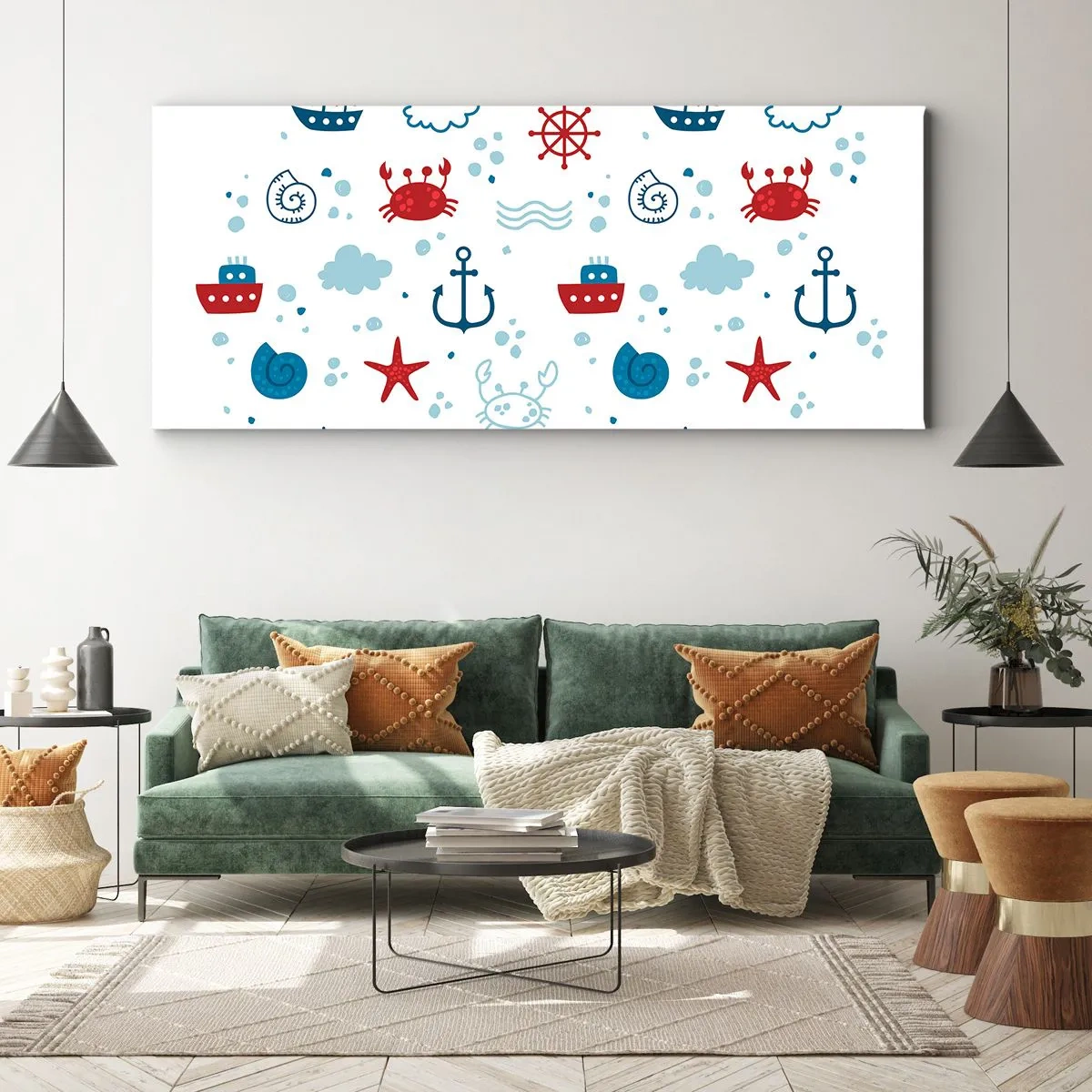 Bild auf Leinwand - Leinwandbild - Nautisches Muster mit Ankern, Schiffen und Krabben - 120x50cm - Märchen vom Meer - Moderne Wanddekoration für Wohnzimmer und Schlafzimmer ARTTOR