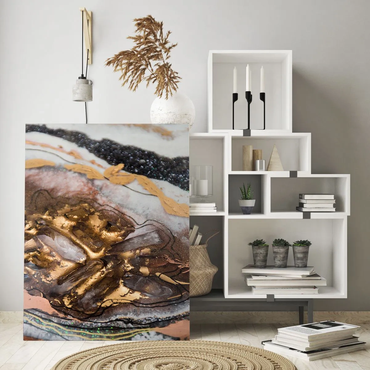 Glasbild - Bild auf glas - Ein abstraktes Gemälde in Gold-, Braun- und Weißtönen mit einer mineralähnlichen Textur. - 50x70cm - Das Element der Erde - Moderne Wanddekoration für Wohnzimmer und Schlafzimmer ARTTOR