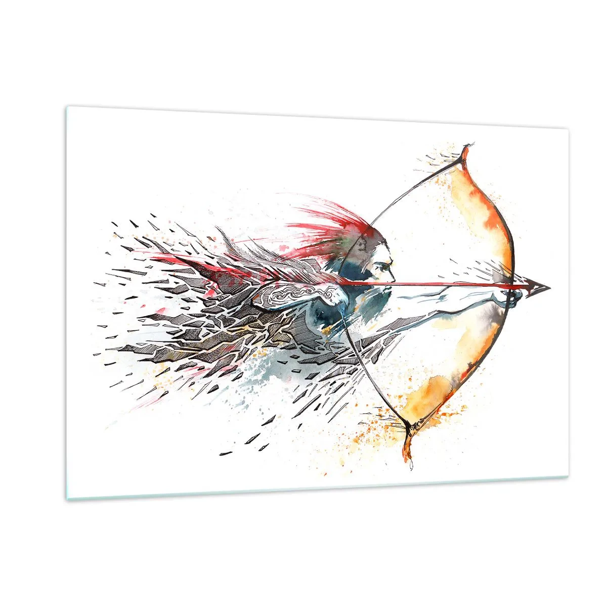 Glasbild - Bild auf glas - Bogenschütze in einer dynamischen Aquarellkulisse - 120x80cm - Mythischer Krieger mit feurigem Bogen - Moderne Wanddekoration für Wohnzimmer und Schlafzimmer ARTTOR