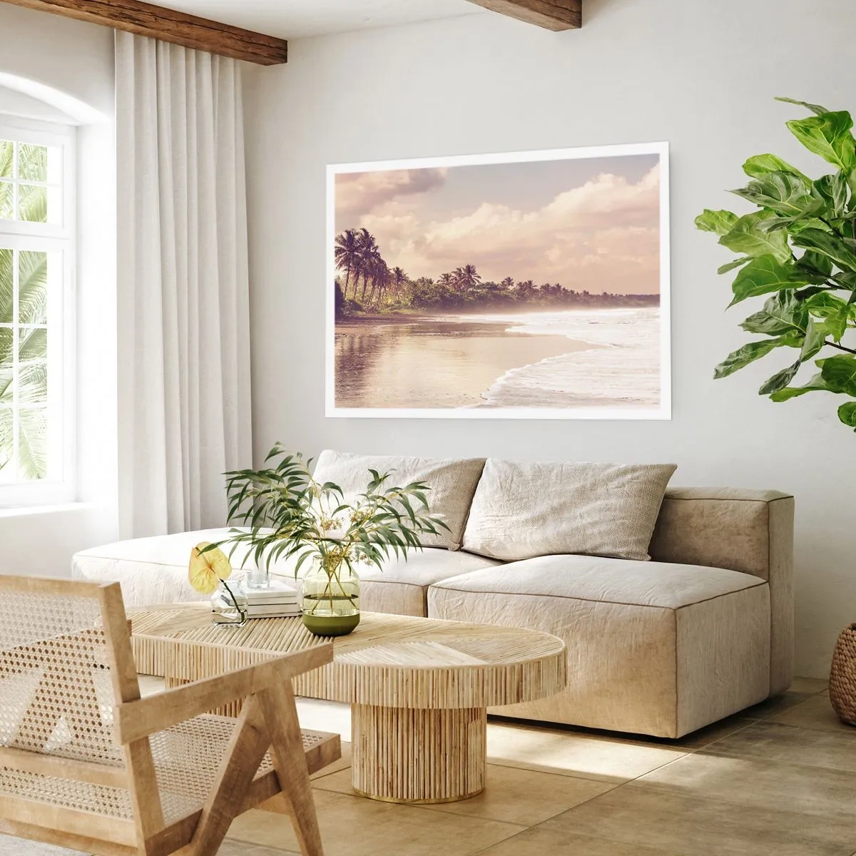 Poster - Ein Strand mit Palmen und sanften Wellen am Morgen - 100x70cm - Die Liebkosung der Wellen - Moderne Wanddekoration für Wohnzimmer und Schlafzimmer ARTTOR