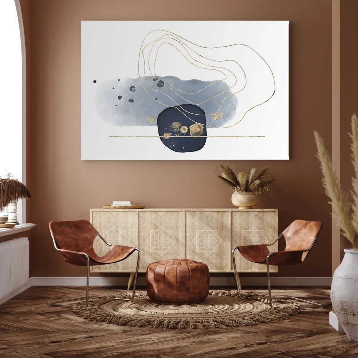 Bild auf Leinwand - Leinwandbild - Abstraktion in Blau- und Goldtönen - 120x80cm - Blau-goldene Fantasie - Moderne Wanddekoration für Wohnzimmer und Schlafzimmer ARTTOR