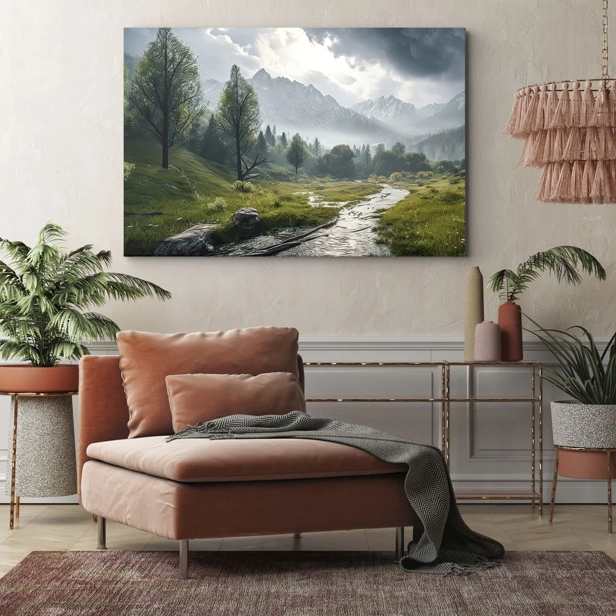 Bild auf Leinwand - Leinwandbild - Eine Berglandschaft mit einem Fluss und Bäumen, umgeben von nebligen Bergen - 120x80cm - Hin und zurück - Moderne Wanddekoration für Wohnzimmer und Schlafzimmer ARTTOR
