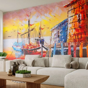 Fototapete Premium Canvas - Glückliche Rückkehr - Landschaft, Fischerhafen, Boote - 350x256 cm