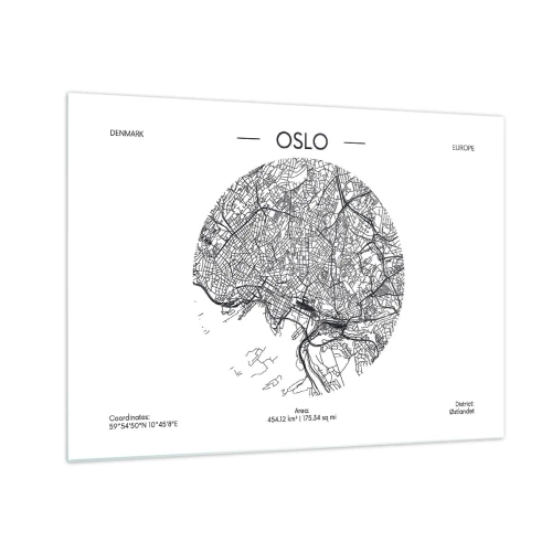 Glasbild - Bild auf glas - Oslo-Stadtplan im Schwarz-Weiß-Grafikstil - 70x50cm - Anatomie von Oslo - Moderne Wanddekoration für Wohnzimmer und Schlafzimmer ARTTOR