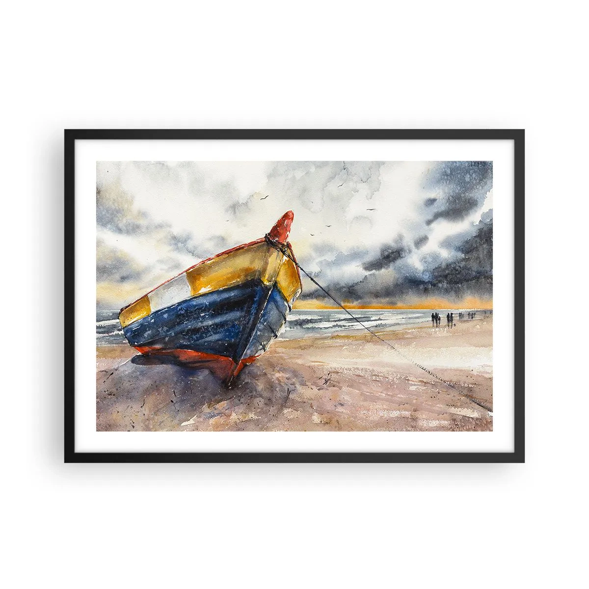 Poster in einem schwarzem Rahmen - Ein malerisches Boot am Strand unter einem bewölkten Himmel - 70x50cm - Erholung am Ufer - Moderne Wanddekoration für Wohnzimmer und Schlafzimmer ARTTOR